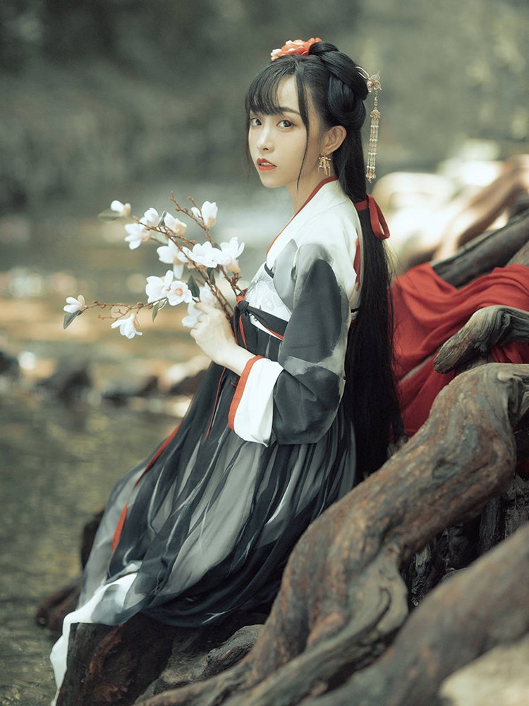 汉服女装墨荷红莲学生齐胸襦裙古装套装日常改良古风超仙学生表演服