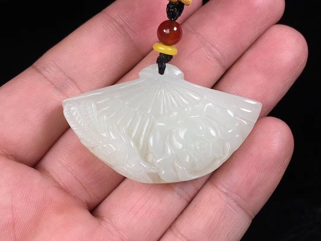 和田玉扇子吊坠花开富贵白玉喜上眉梢 赠送证书