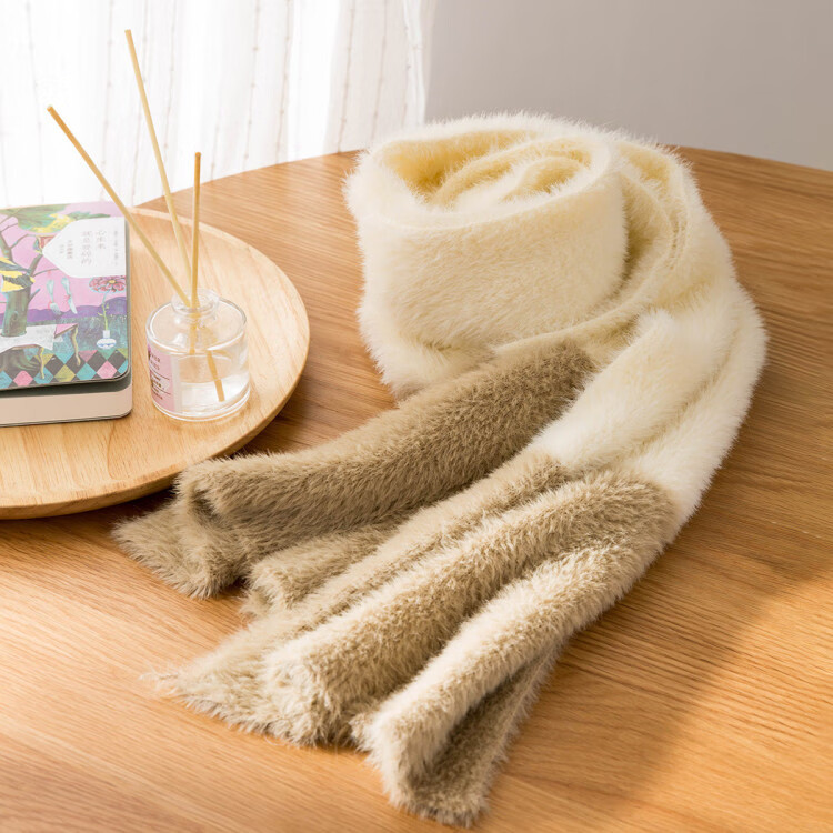 茵曼 秋冬毛茸茸针织围巾女拼色保暖毛毛巾韩版纯色柔软围脖 卡其色