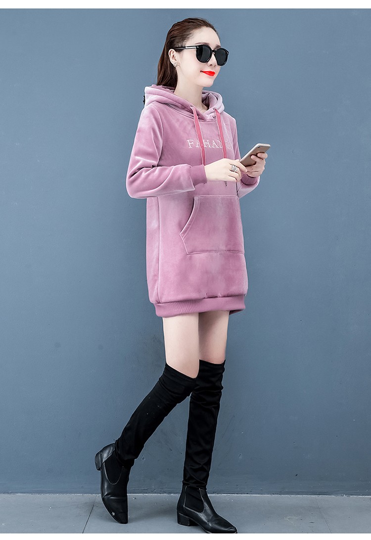 漫格淇中长款金丝绒卫衣女2019冬季新款韩版宽松连帽加绒加厚双面绒