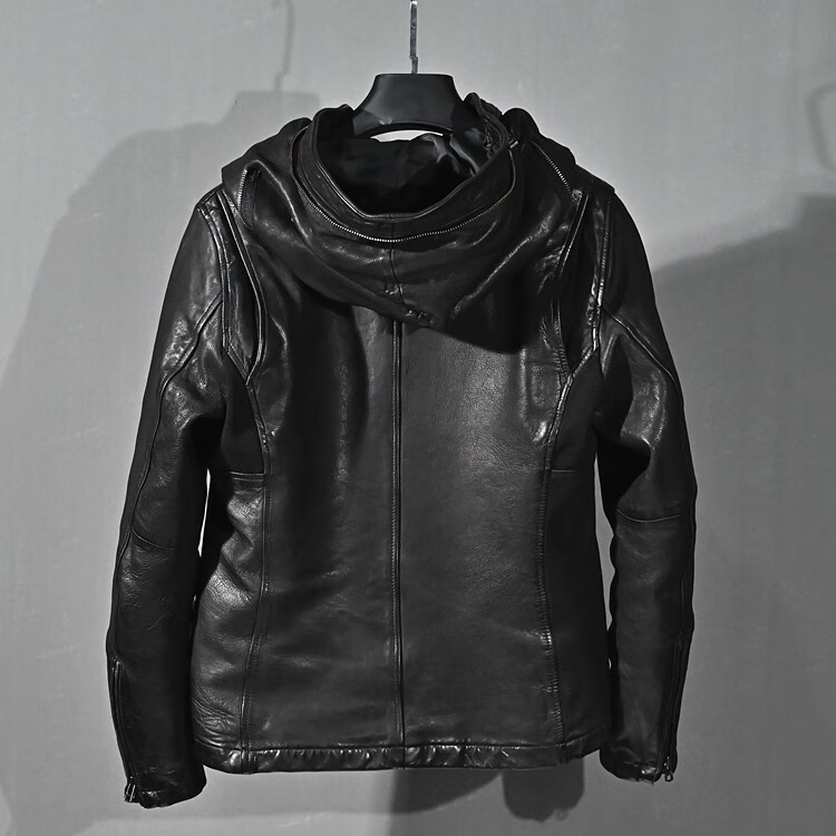 pineal jet leather日系男装连帽暗黑风无涂水染头层绵羊皮夹克修身