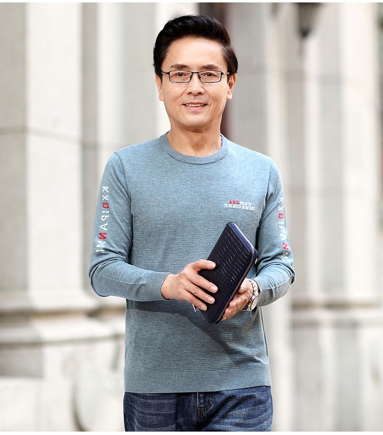 梵牧笛爸爸装长袖圆领纯色t恤男中老年男装中年男士薄款休闲老人上衣