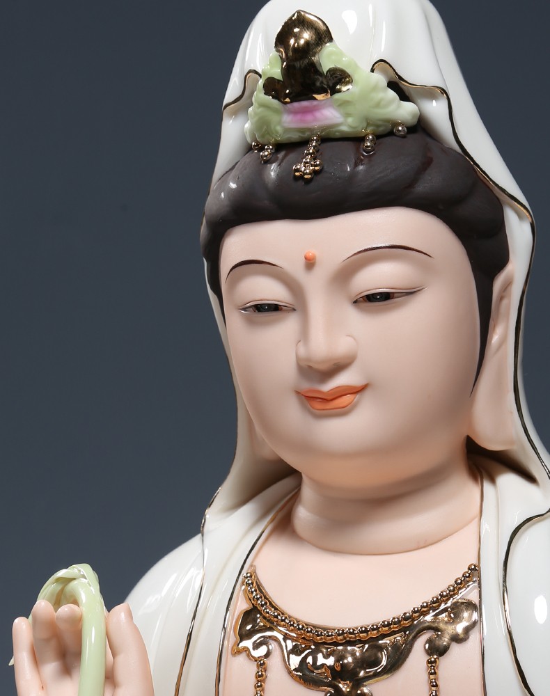微美陶瓷12至16吋坐全莲笑脸观音佛像供奉家用观世音菩萨摆件彩绘彩绘