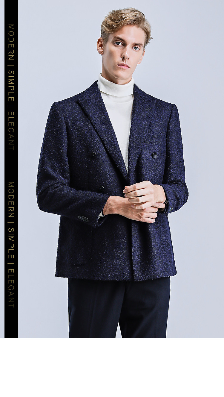 迪柯尼dikeni春秋舒适羊毛个性提花时尚双排扣商务休闲男士西服深宝蓝