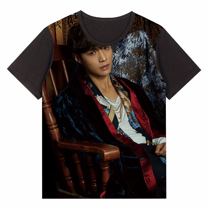 2020夏新款张艺兴明星同款宽松大码图案印花圆领短袖t恤上衣服潮 黑01