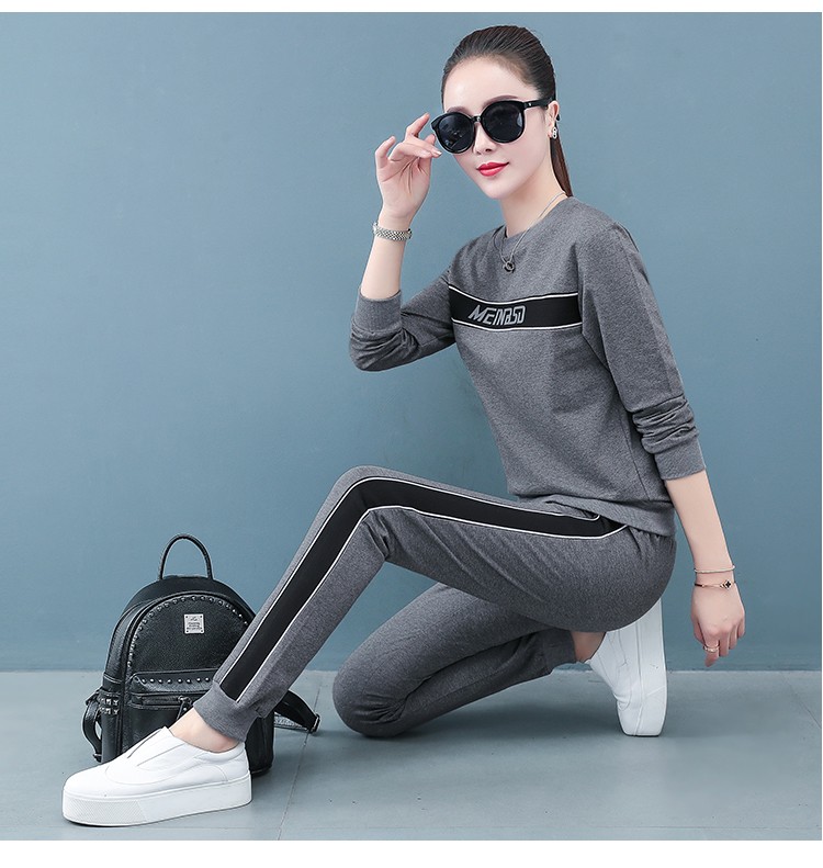 抹茶清歌 运动套装女圆领套头卫衣套装女装运动休闲套装修身卫衣两件