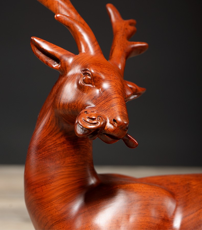 曹堂花梨木雕发财鹿摆件家居饰品客厅装饰实木雕刻鹿摆件红木礼品