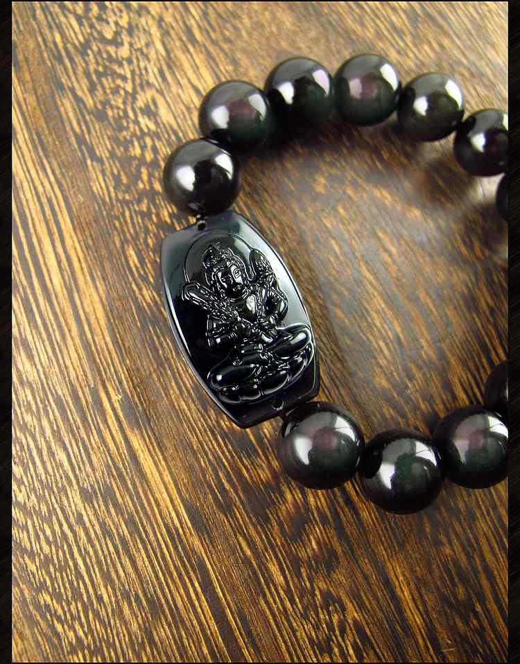 【唐玛】5a虚空藏菩萨双彩虹眼16mm天然黑曜石本命佛手链男手串生肖属