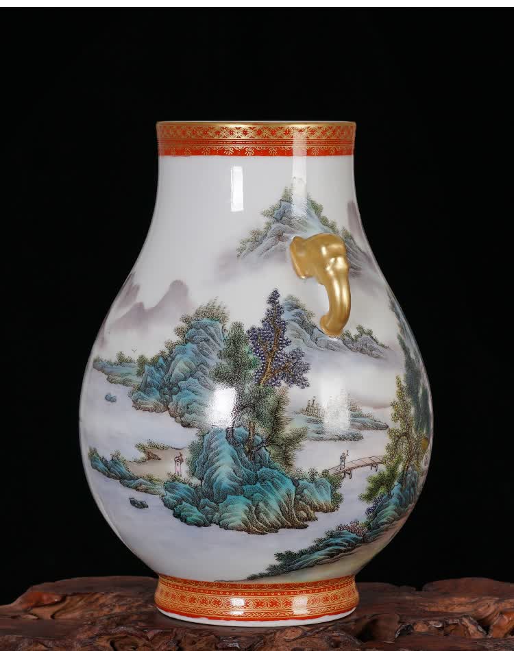 周胜堂景德镇陶瓷花瓶工艺品摆件精品仿古手绘通景山水双耳福筒瓷瓶