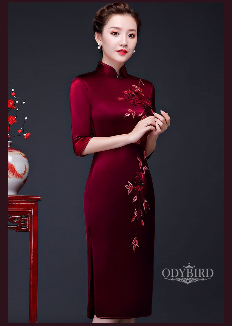 新款酒红色立体绣花妈妈装婚宴旗袍喜婆婆婚礼旗袍裙礼服改良中长款