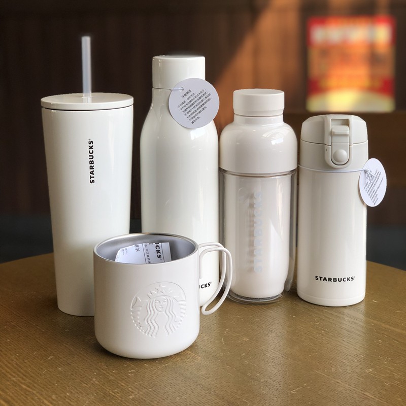 星巴克杯子新款象牙白logo系列吸管杯保温杯咖啡桌面杯 象牙白不锈钢