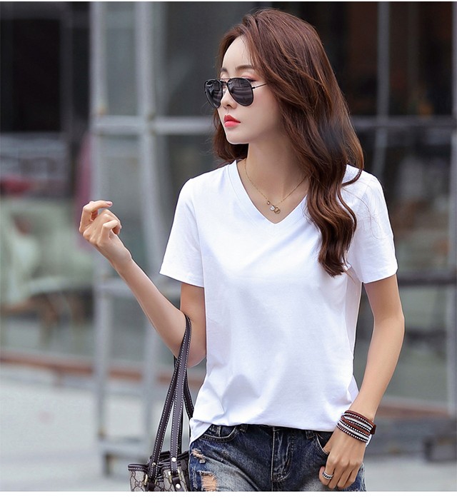 2020夏季净版v字领短袖女纯棉质t恤宽松大码不显肚子的体桖衫热天衣服