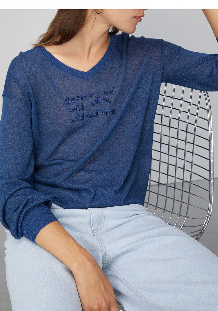 初语20年春装新款 字母钉珠落*笼袖宽松套头针织衫女 黑色 m