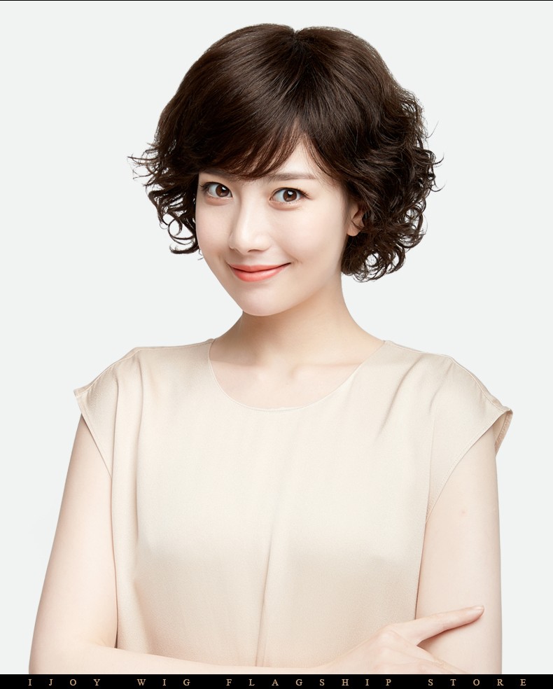 卡琦诺假发女短发中老年妈妈全真发套短卷发后翻翘真人发丝全头套自然