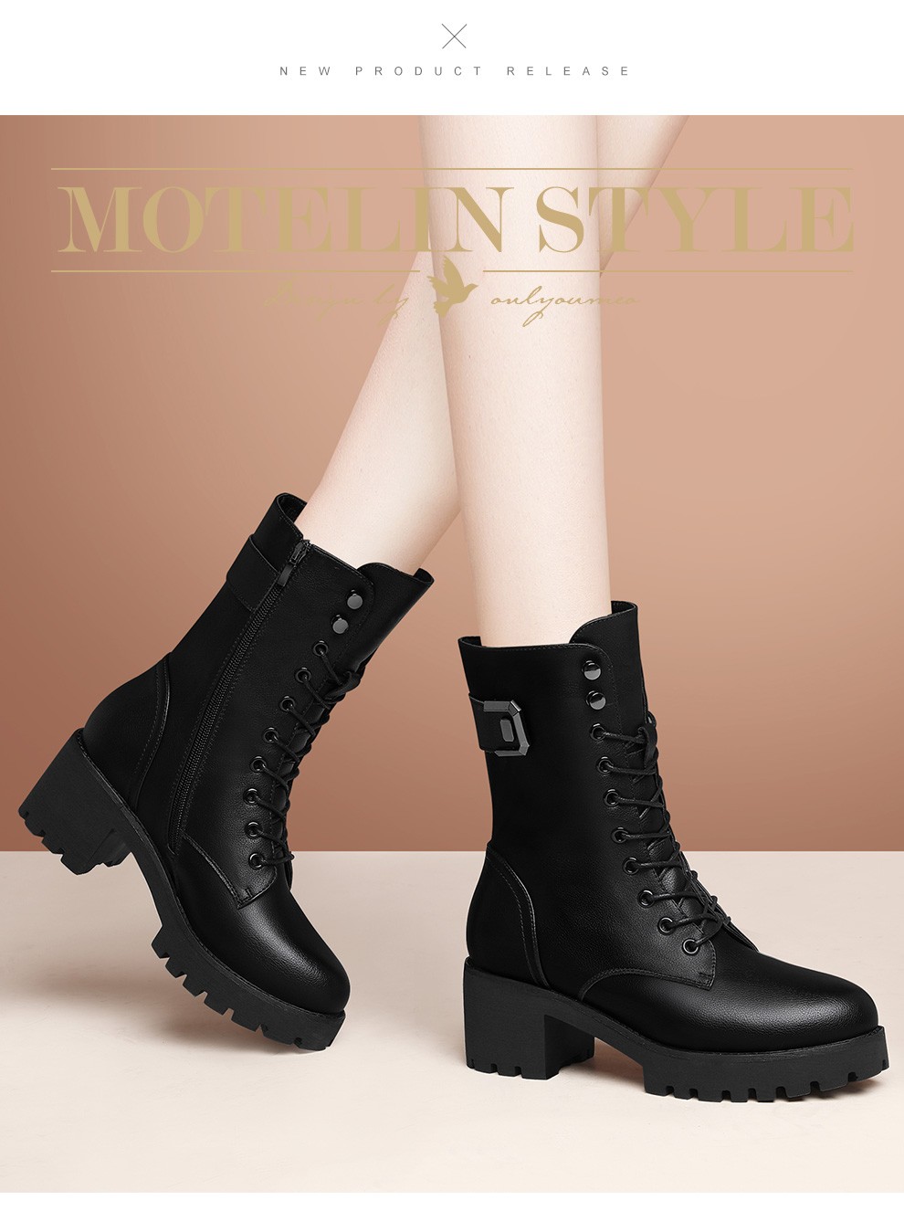 高中桶皮面女式马丁靴韩版加绒圆头粗根女装高跟鞋冬季新品通勤ol学生