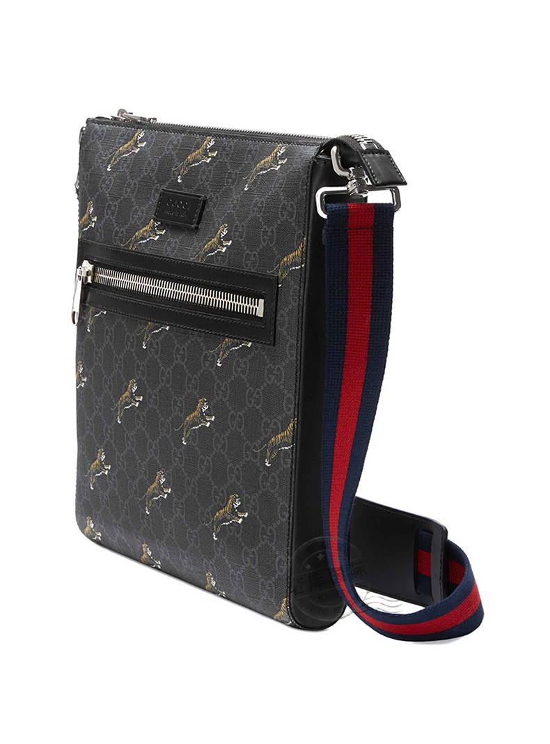 古驰gucci男包 帆布老虎印花 单肩斜跨邮差包 474137 g0kan 8992 黑灰