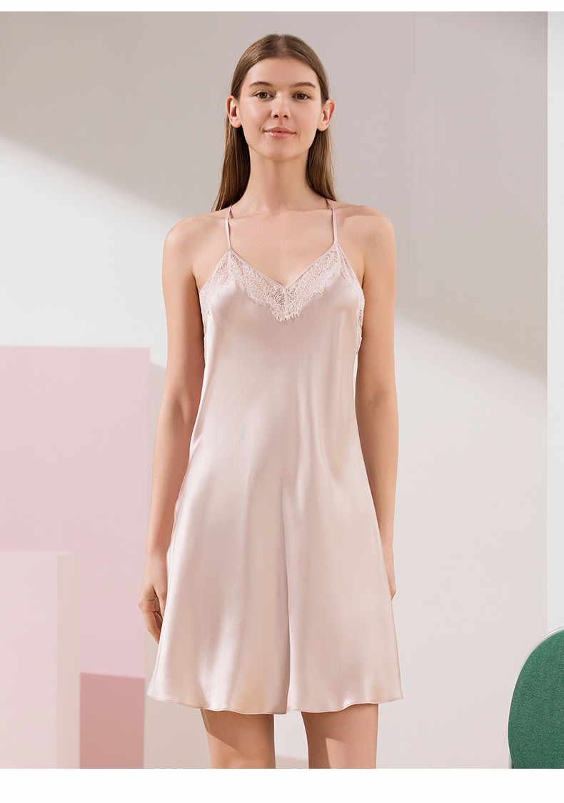 【商场同款】金三塔睡裙春夏真丝桑蚕丝性感美背轻奢蕾丝丝绸吊带裙