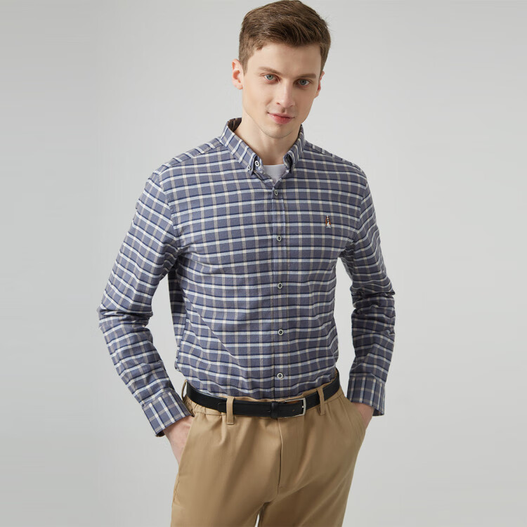 暇步士hush puppies 22秋冬休闲舒适小方格长袖衬衣男式衬衫 075深蓝1