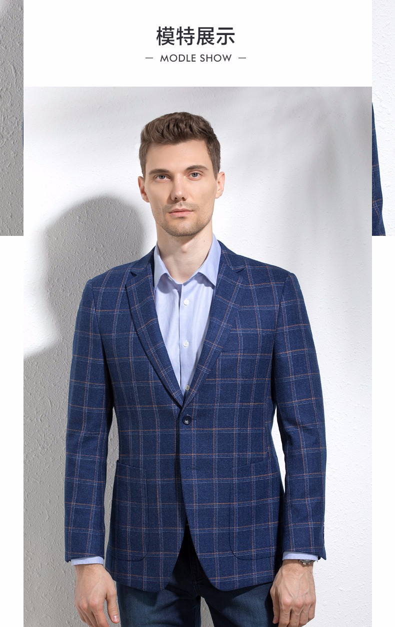 闪购浪登男士休闲西装英伦风格子单西春季西服商务外套男灰色46b
