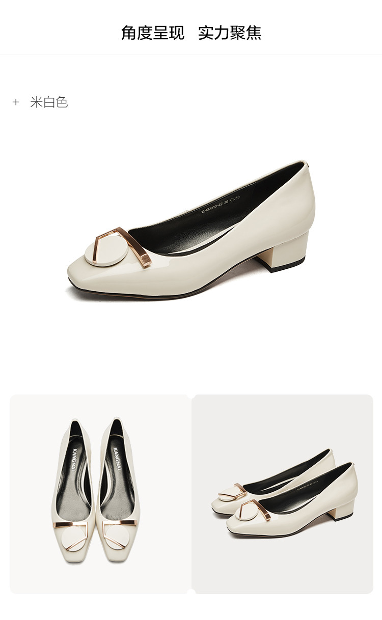 康奈kangnai 2020春季新款女鞋牛皮方跟高跟鞋方头浅口单鞋金属装饰