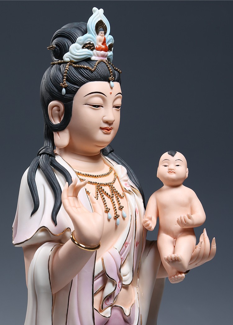 微美彩绘陶瓷19吋立莲送子观音佛像摆件家用供奉求子观世音菩萨 红彩