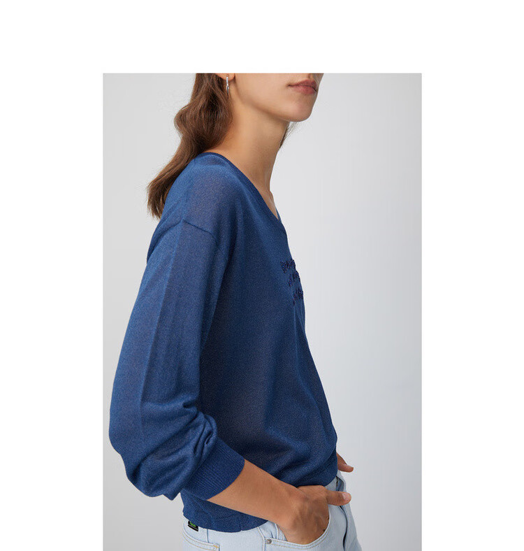 初语20年春装新款 字母钉珠落*笼袖宽松套头针织衫女 黑色 m