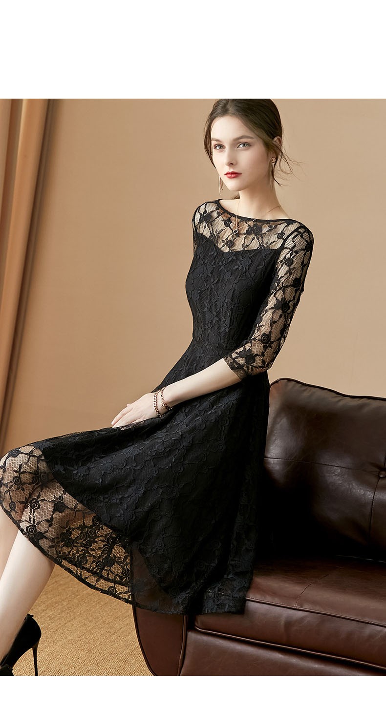 凰都夫人品牌连衣裙女2020春季新款法式优雅镂空小黑裙修身a字蕾丝