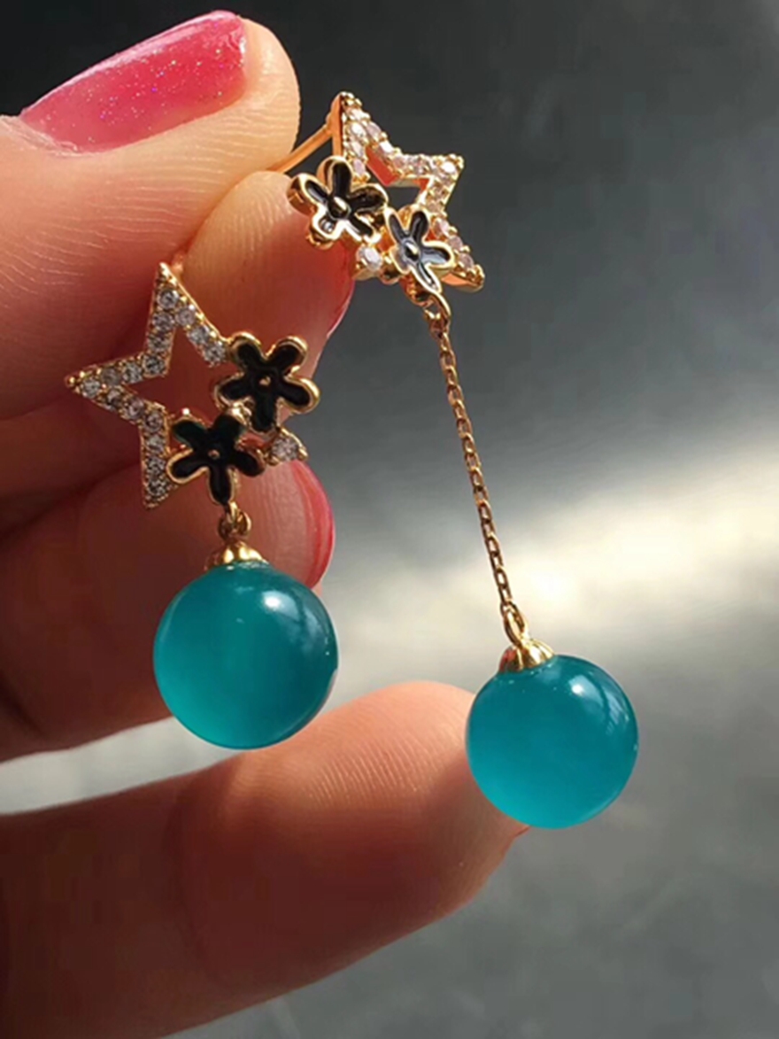 诺源珠宝 天然天河石耳坠 冰种天河石圆珠耳钉925银