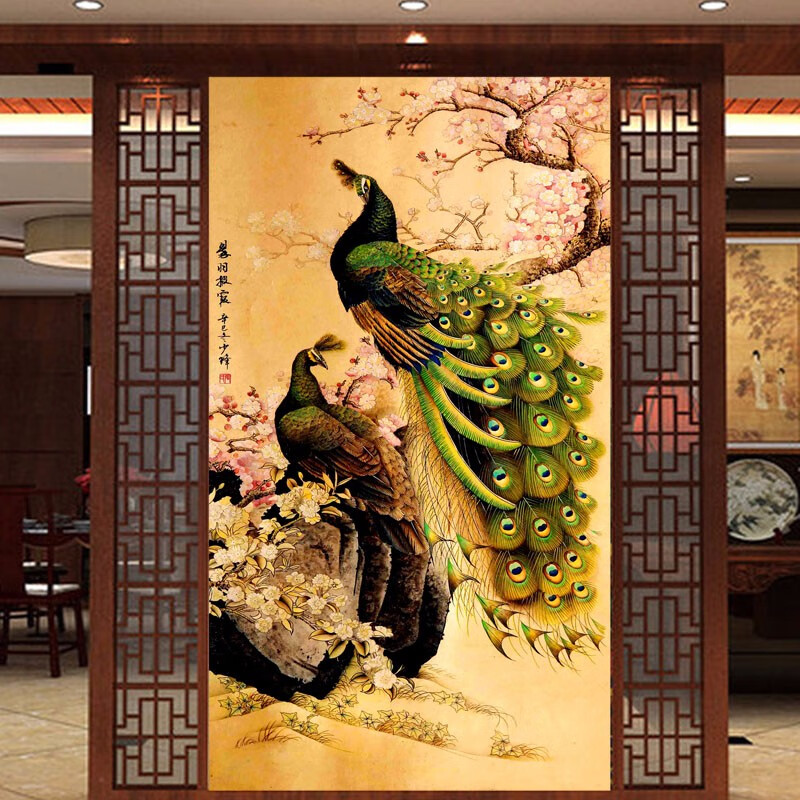 艺舍蓝色孔雀整张大型壁纸欧式油画玄关走廊背景墙纸过道整体无缝壁画