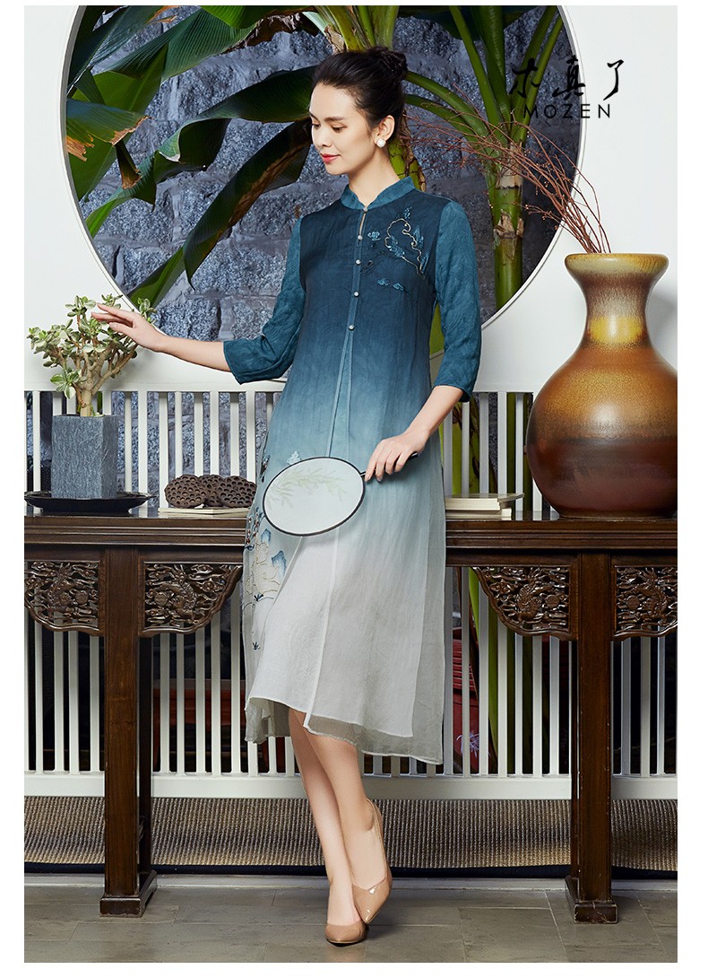 木真了中式女装2020春新款吉祥双凤刺绣改良七分袖连衣裙女中长款 909