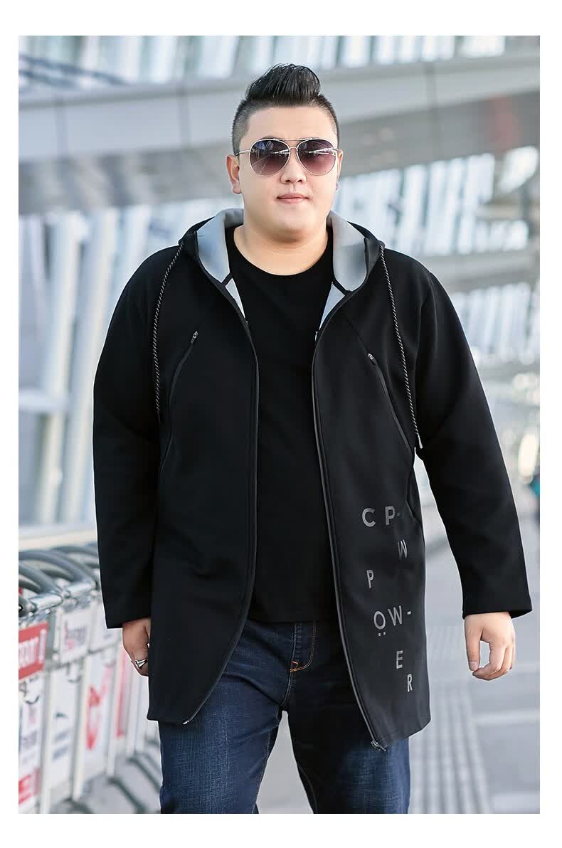 胖子男款加肥加大码连帽夹克肥佬男装秋冬装中长款厚款特大号夹克肥人