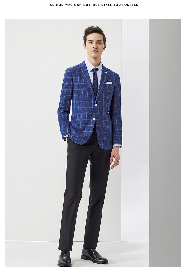 迪柯尼dikeni 春季舒适羊毛桑蚕丝平驳领格纹商务男士西服 蓝格 48a