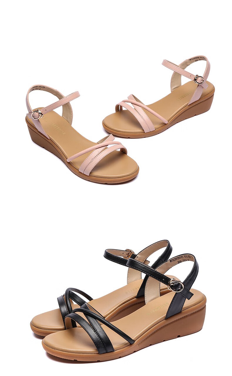 红蜻蜓女鞋 2020夏季新款休闲凉鞋女简约一字扣中跟坡跟鞋 wtk200331c