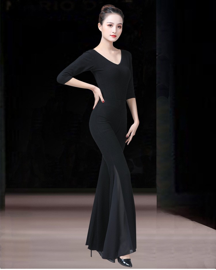 服女莫代尔形体礼仪服训练功服套装练习仪态分体黑色长袖上衣微嗽叭裤