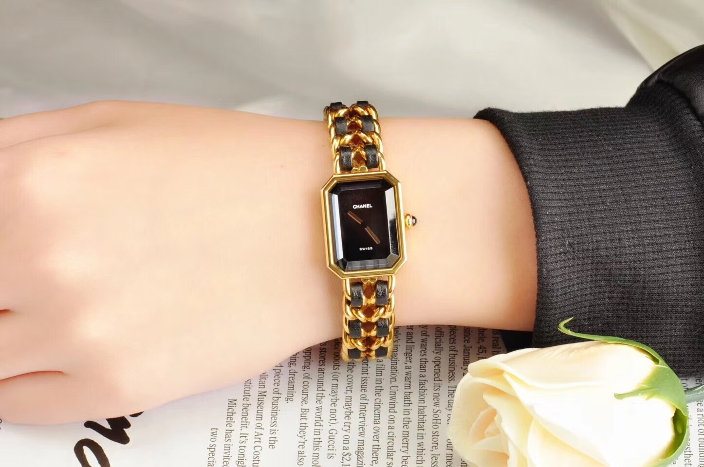 二手95新香奈儿chanepremiere系列石英女表方糖黑金女士腕表l号m号s号