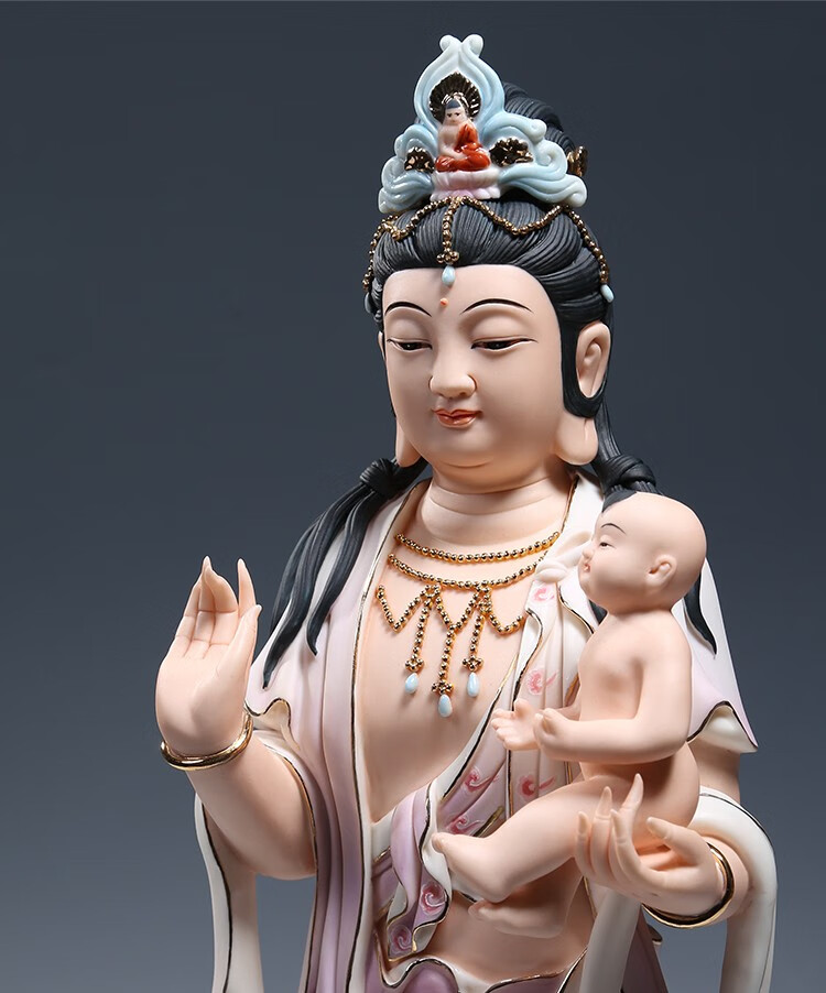 微美彩绘陶瓷19吋立莲送子观音佛像摆件家用供奉求子观世音菩萨 红彩