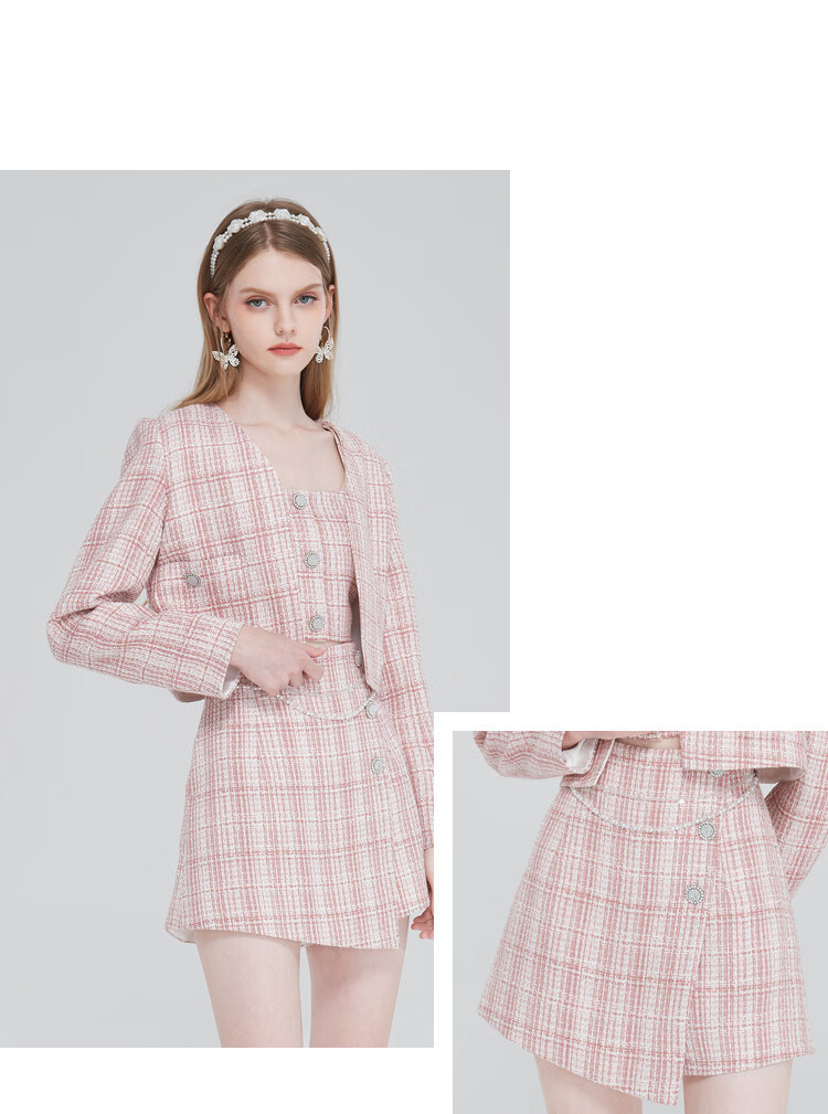 欣贺艾薇aivei 2022冬高腰a版开叉小香风粗花呢半身裙 粉色 s【图片