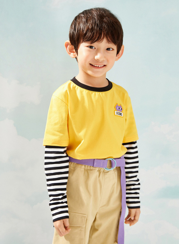 gxg.kids gxg童装2020年春新款男童假两件套头长袖t恤 黄色 150cm