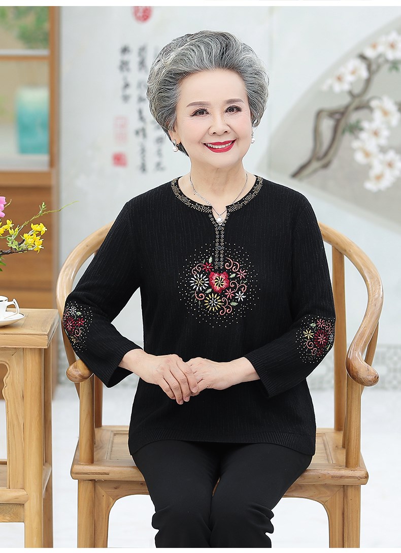 中老年人女春装打底衫老人衣服妈妈装上衣 黑色上衣 l(建议100斤以内)
