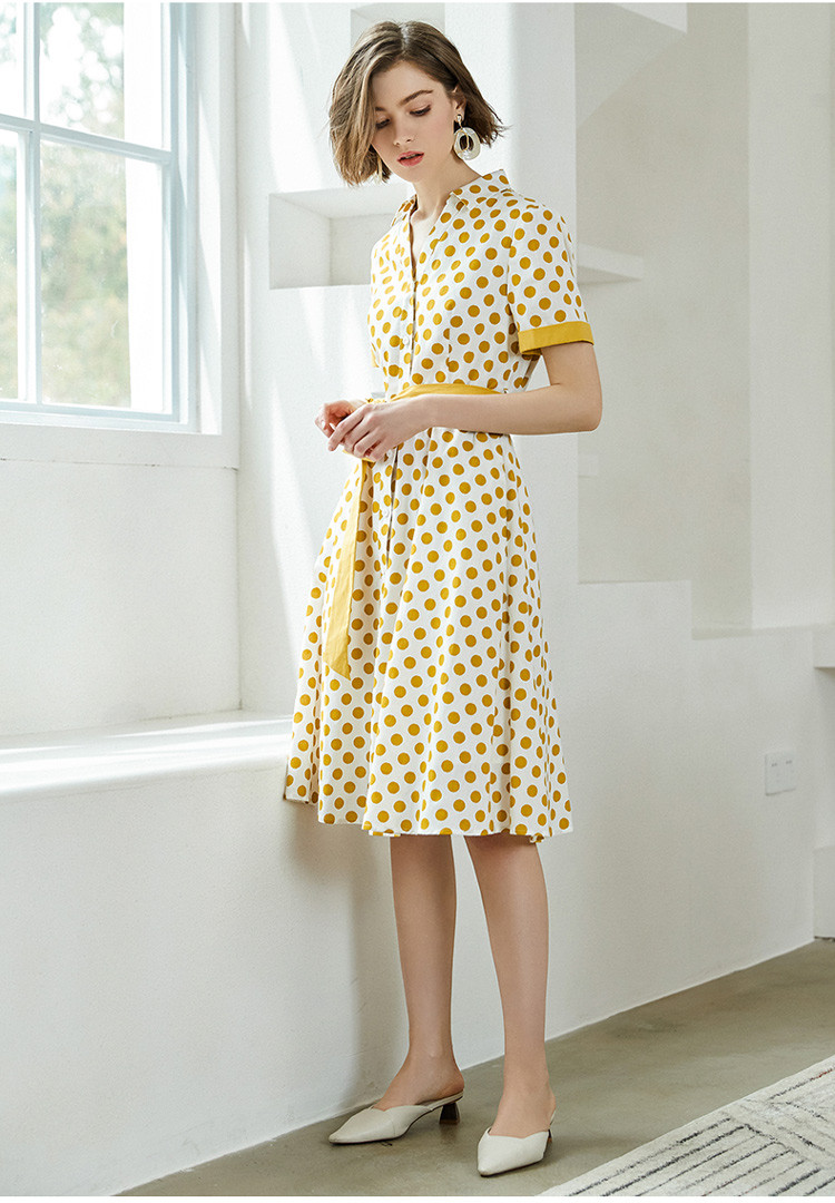 颜域yanyee 衬衫领波点连衣裙夏季2019新款短袖收腰中长款大摆气质裙