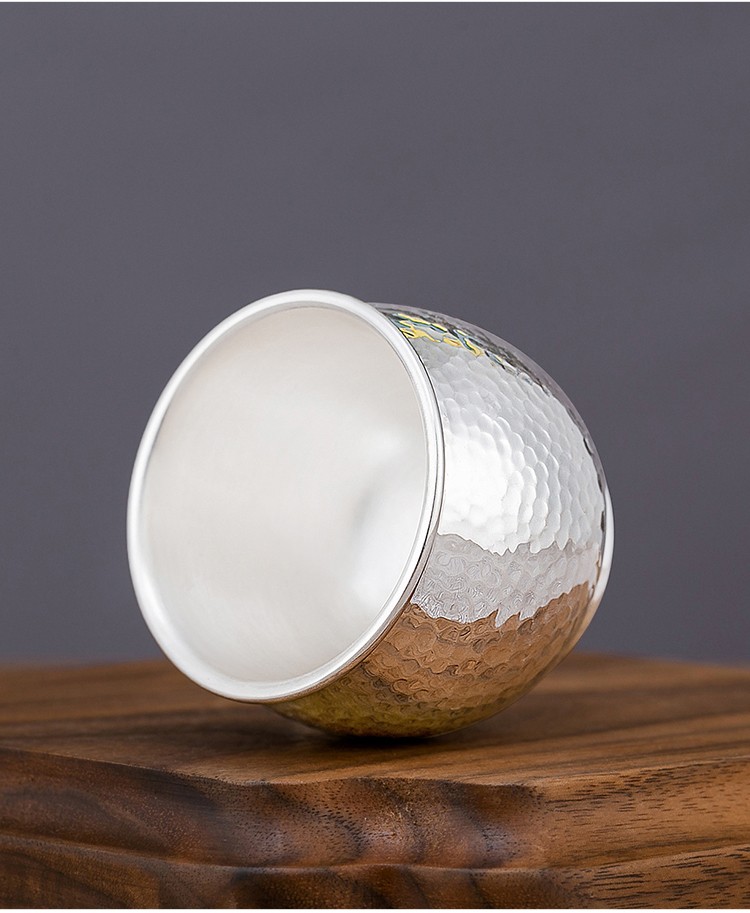 银器时代双层隔热银杯雪花银保健杯茶具银杯子999足银功夫银茶杯8号