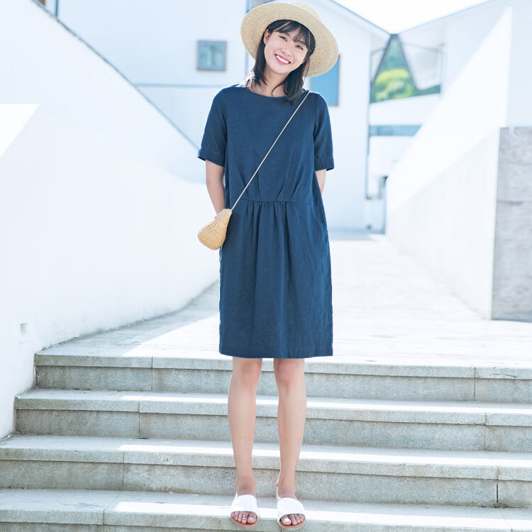 子陌zimo日系百搭显瘦短袖中长款连衣裙夏藏青色m