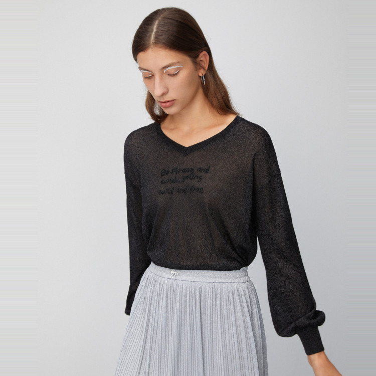 初语20年春装新款 字母钉珠落*笼袖宽松套头针织衫女 黑色 m