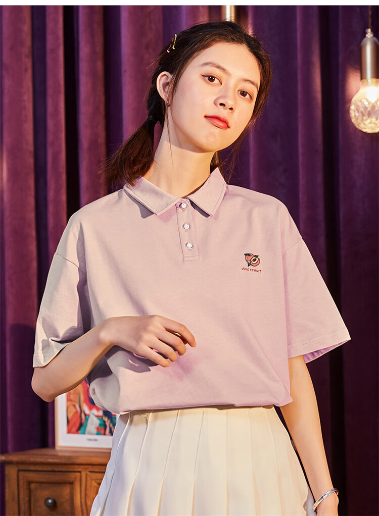 lion polo衫女polo衫短袖宽松左胸绣花短袖polo女运动polo衫 雾霾粉 s