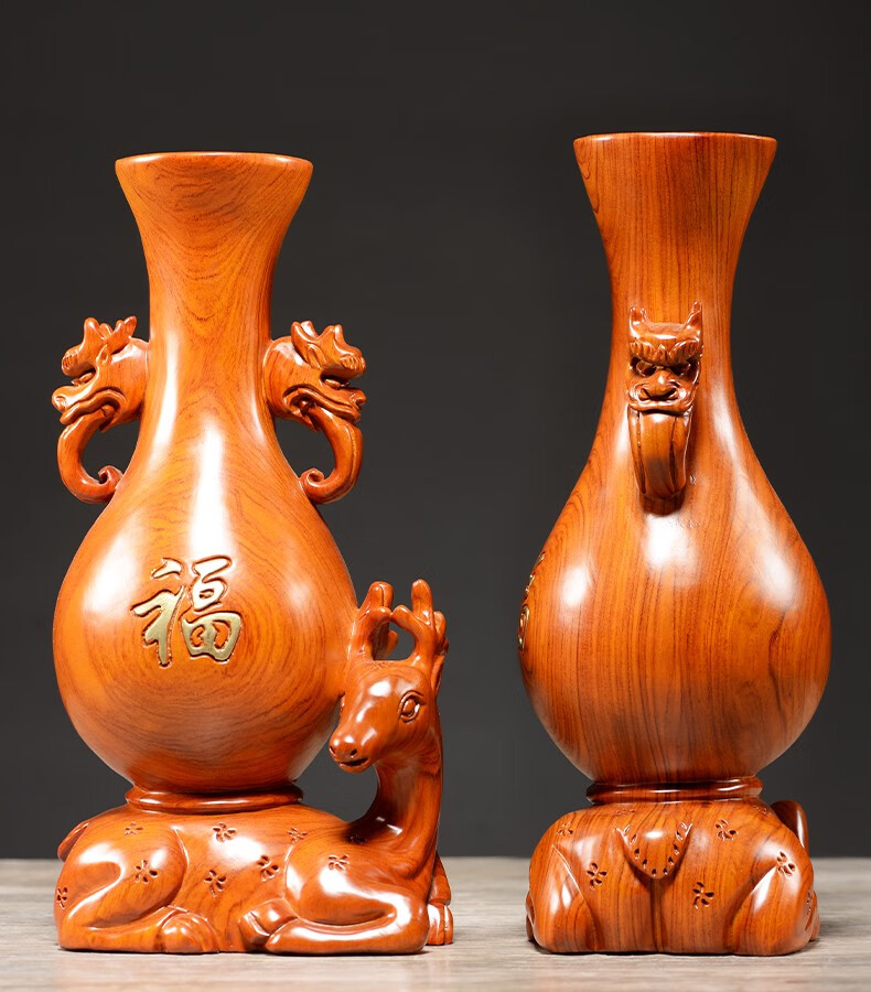 对瓶实木客厅装饰品动物梅花鹿结婚红木雕刻礼品花梨木花瓶单个高30cm