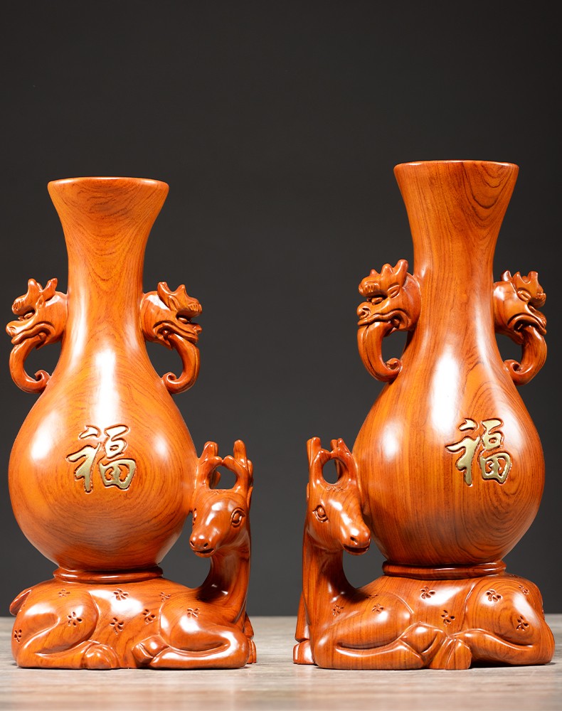 曹堂花梨木雕花瓶摆件对瓶实木客厅装饰品动物梅花鹿结婚红木雕刻礼品