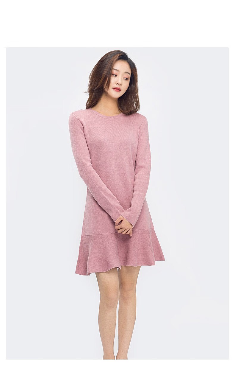 艾格冬季新款女装时尚百搭甜美少女针织连衣裙y311粉色38m