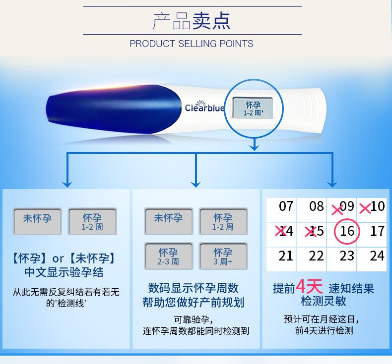 可丽蓝 电子验孕笔 1支装 数字显示怀孕周数 验孕棒 早早孕试纸 怀孕