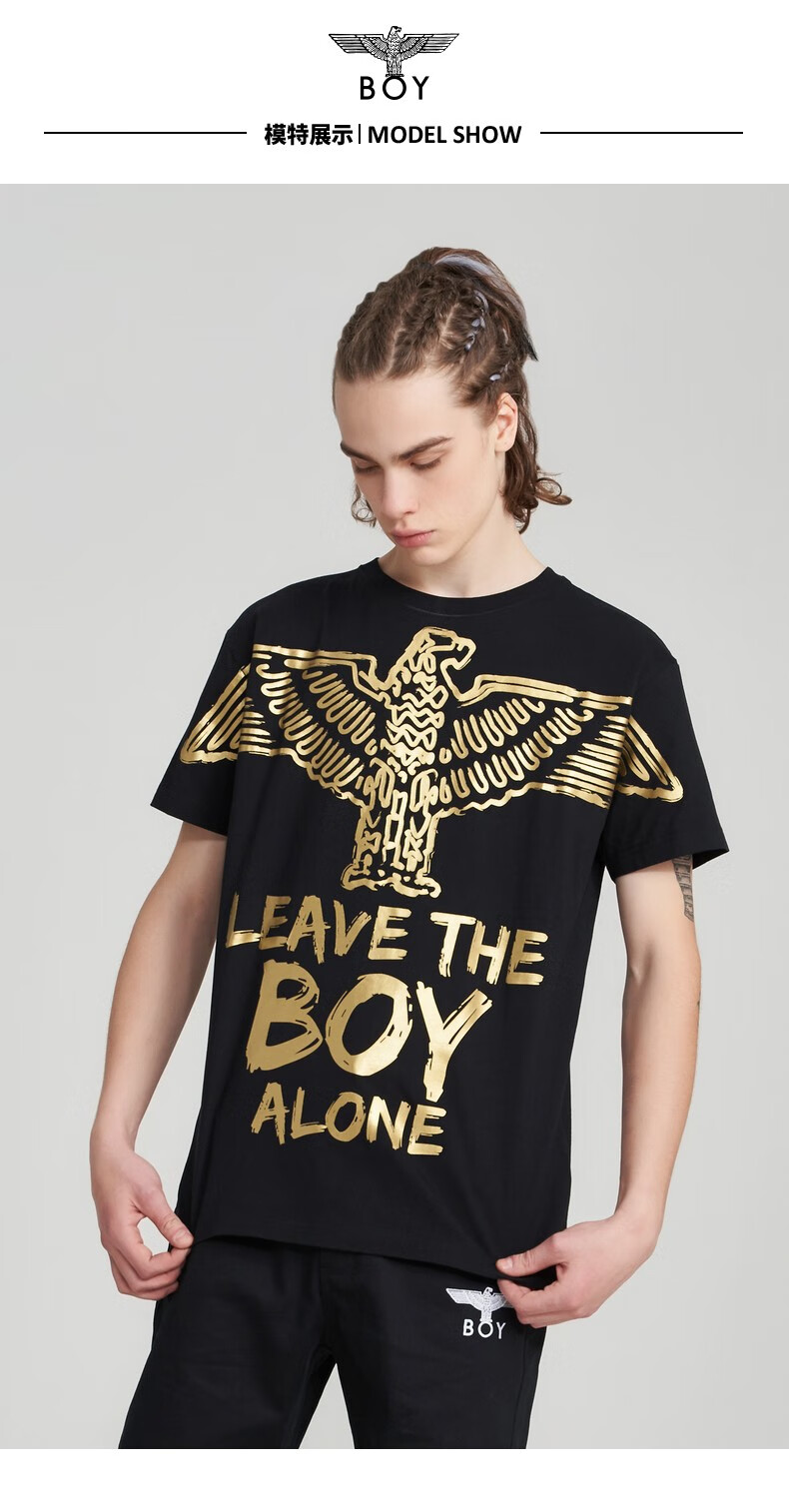 boylondon旗舰官网官方烫金老鹰logo印花短袖t恤t07202黑色2020m