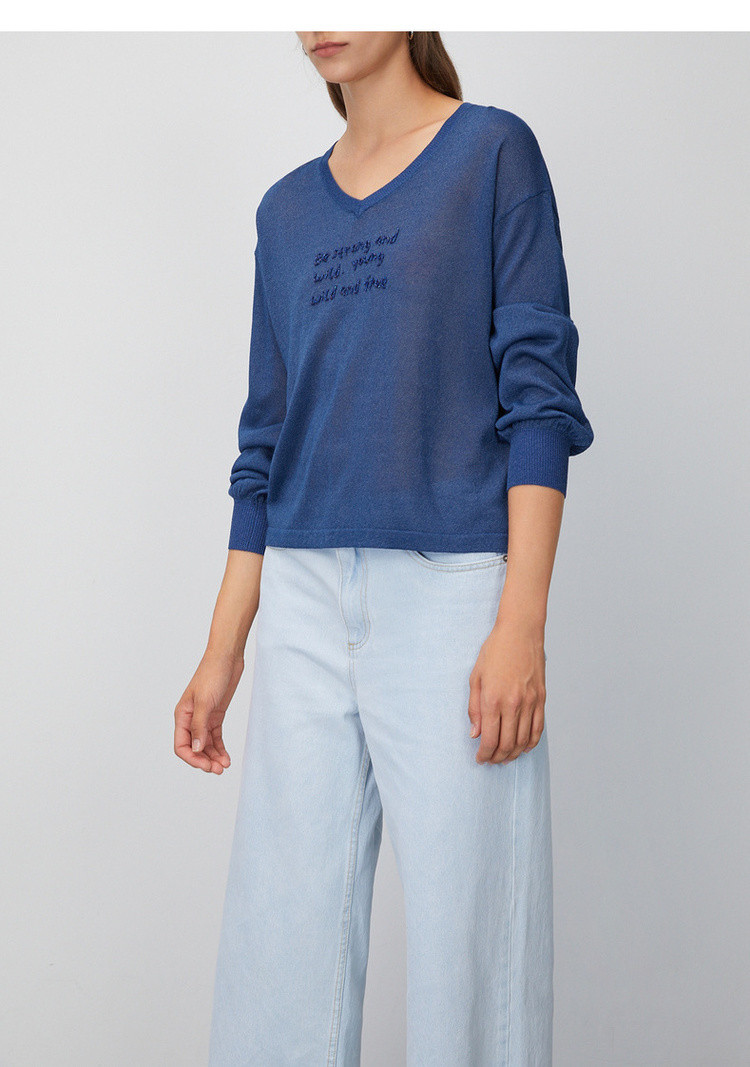 初语20年春装新款 字母钉珠落*笼袖宽松套头针织衫女 黑色 m